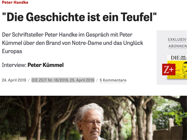 Foto für Peter Handke Interview in Die Zeit
